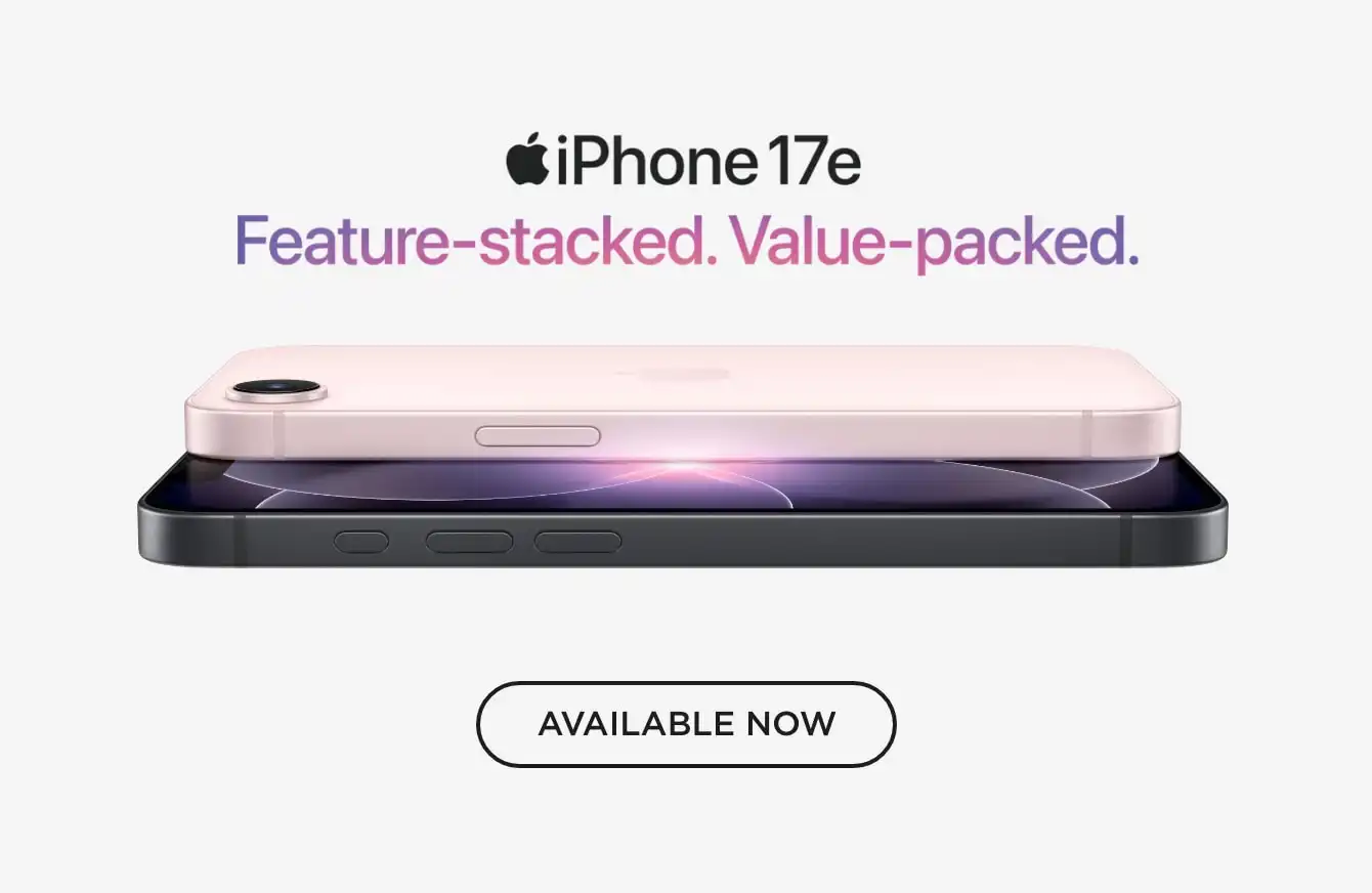 iPhone 17e official logo with Apple icon above "Feature stacked, value packed" in black font with a pink iPhone 17e underneath.